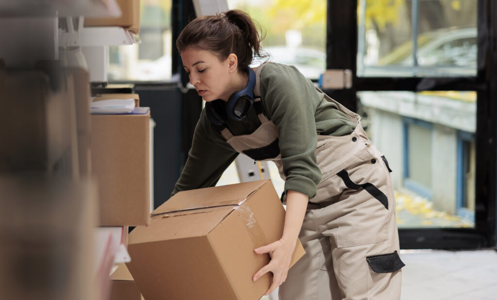 woman in warehouse lifting box